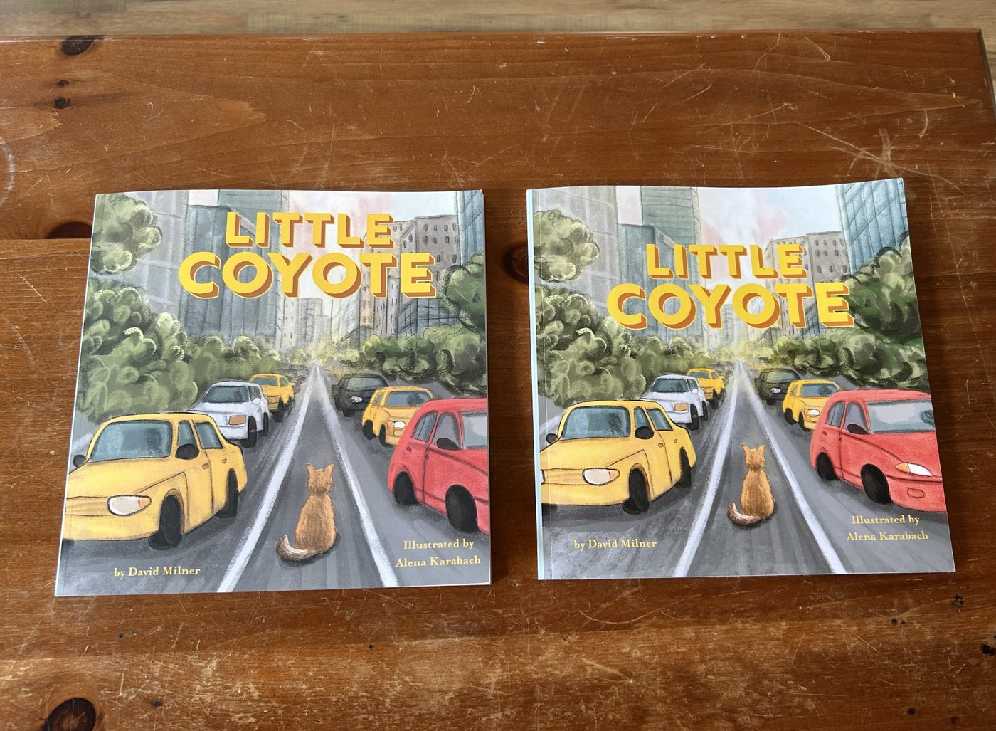 Two printed copies of Little Coyote side by side, the right one with brighter colours