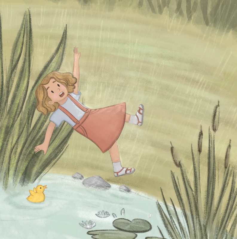A girl dancing in the rain by a pond with a yellow duckling, from Little Waddles