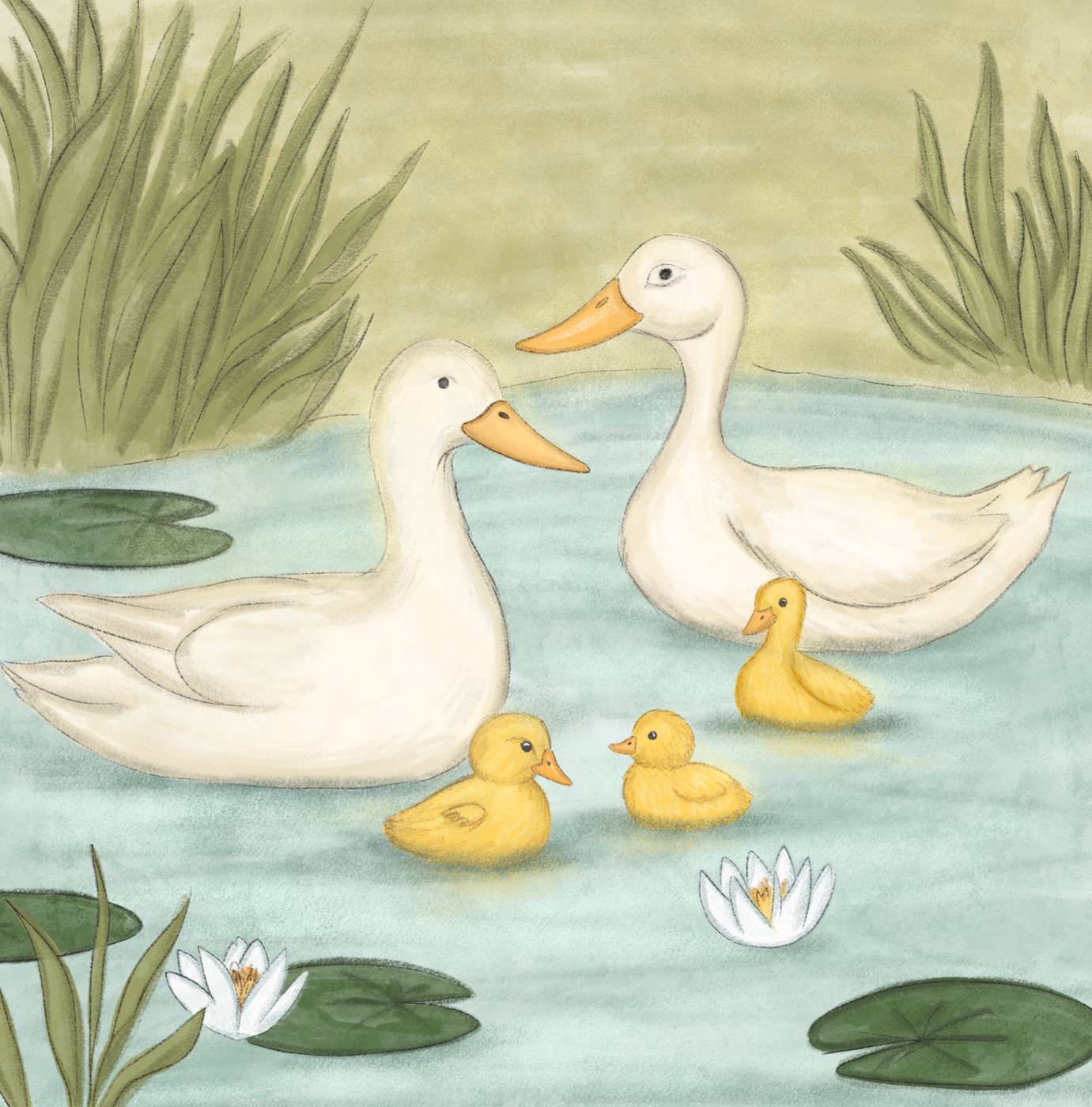 A duck family swimming past water lilies: two white ducks and three yellow ducklings