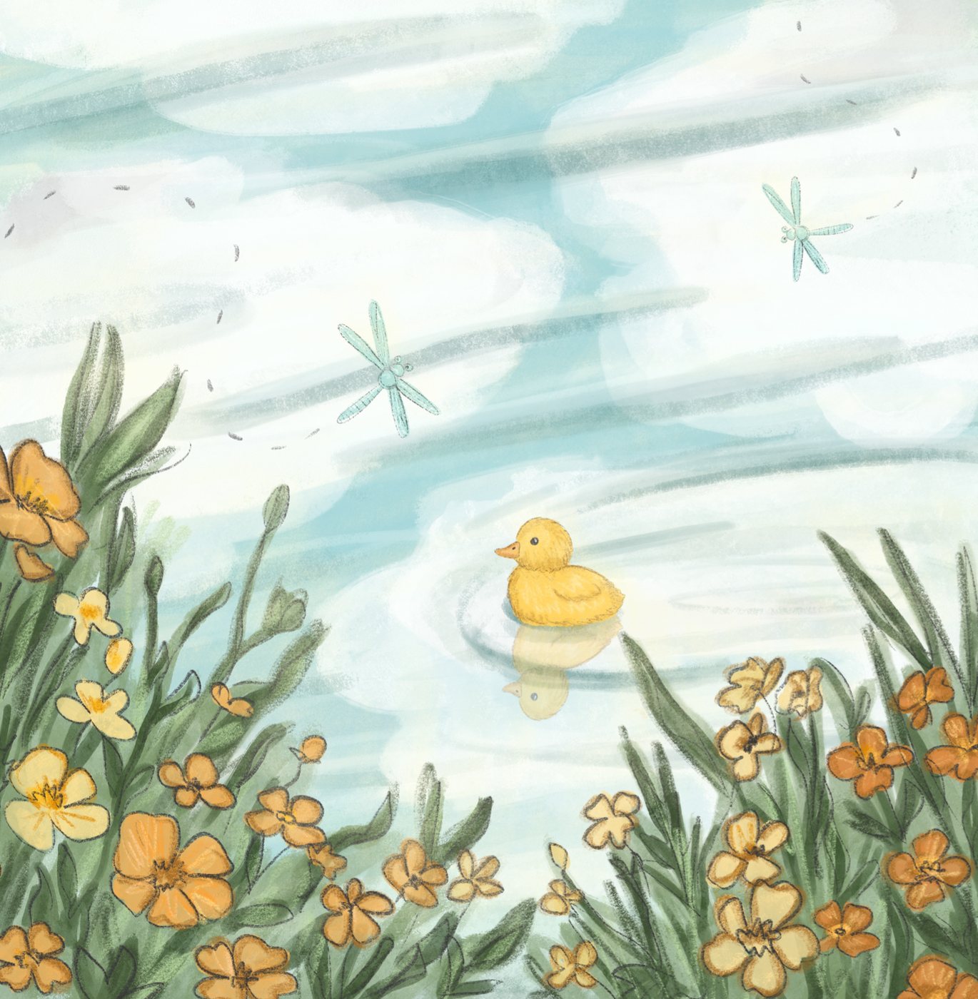 A yellow duckling floating among orange flowers and dragonflies