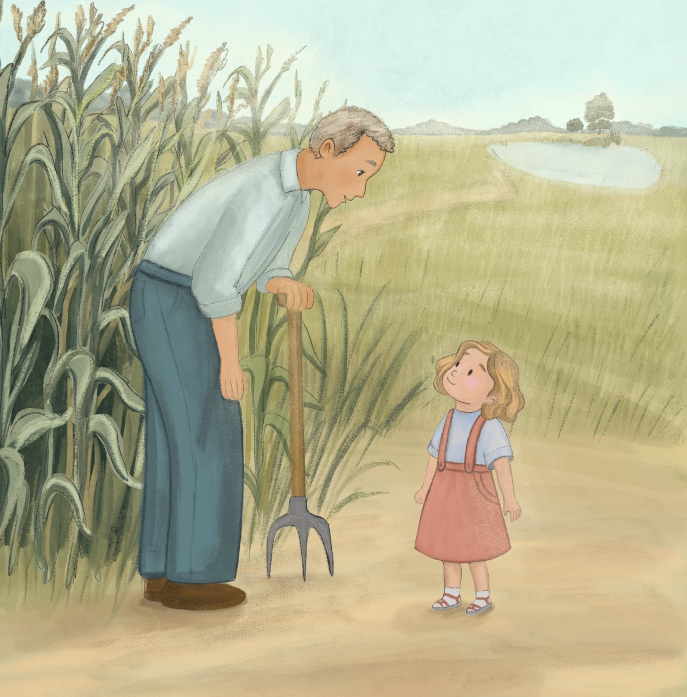 A little girl looking up at her grandfather, who holds a pitchfork by a cornfield
